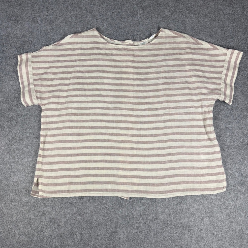 Sigrid Olsen 100% Linen Striped Button Back Top XL Mauve Cream Short Sleeve